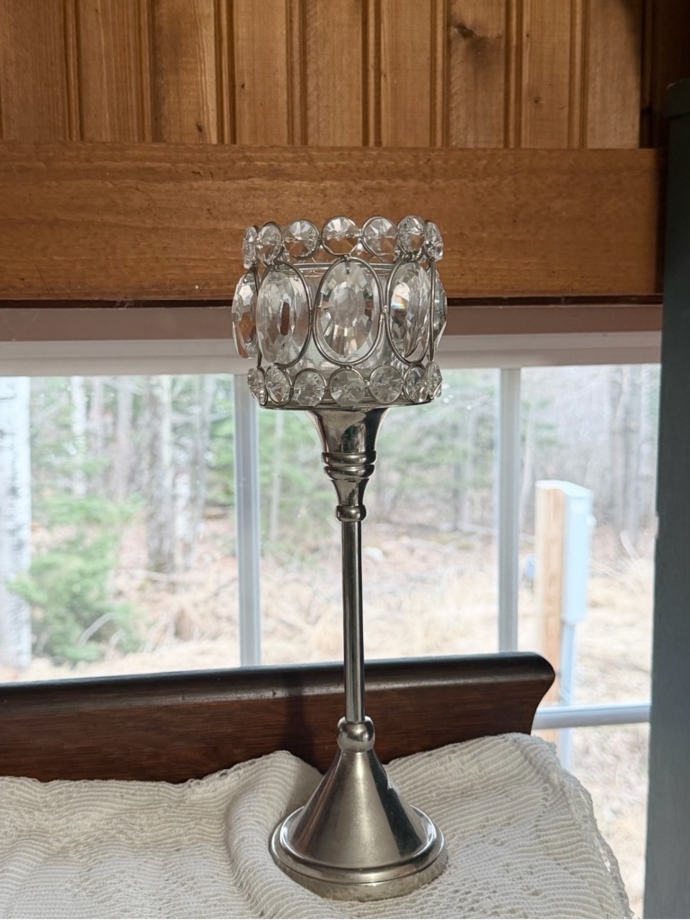 Crystal Accent Candle Holder - Silver
